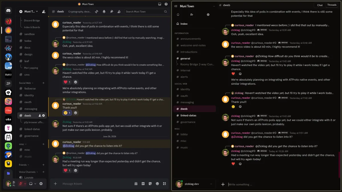 Split screen showing Discord on the left and the bridged content in Roomy on the right.